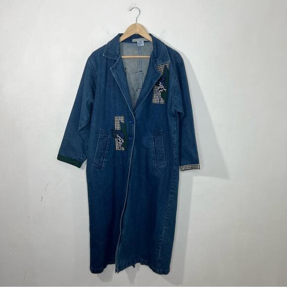 Vintage Denim Applique Created By Connie Oversized Long Trench Coat Size XS - Picture 15 of 15